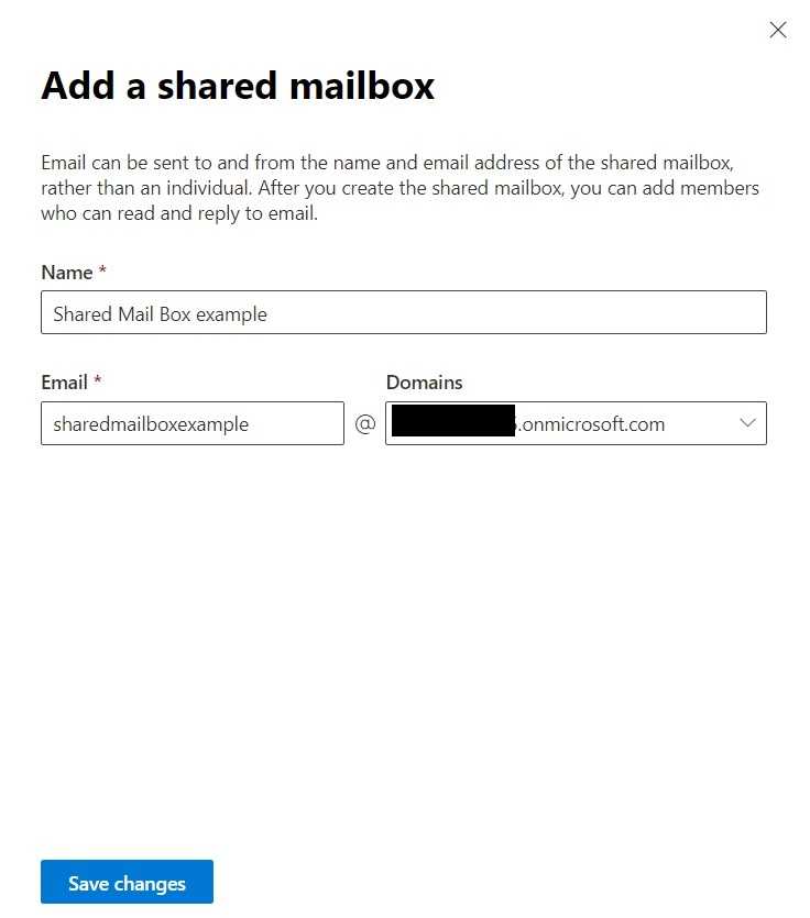 'Add a shared mailbox' form
