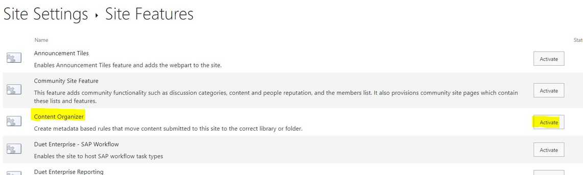 Enabling 'Content Organizer' feature in Site Features